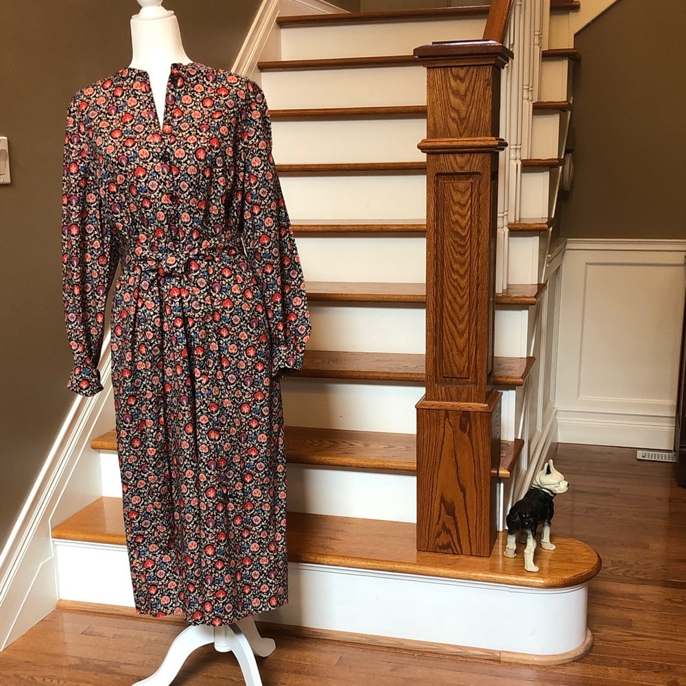 Boden Black Dress with Red Floral Print - Long Sleeve Midi